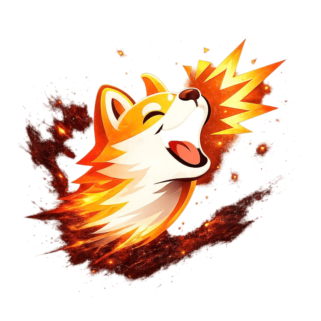Bark Meme mascot — barking Shiba Inu with fire